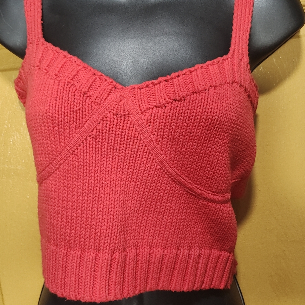 Zara Red Knit Sweater with Chevron Ribbed Detail